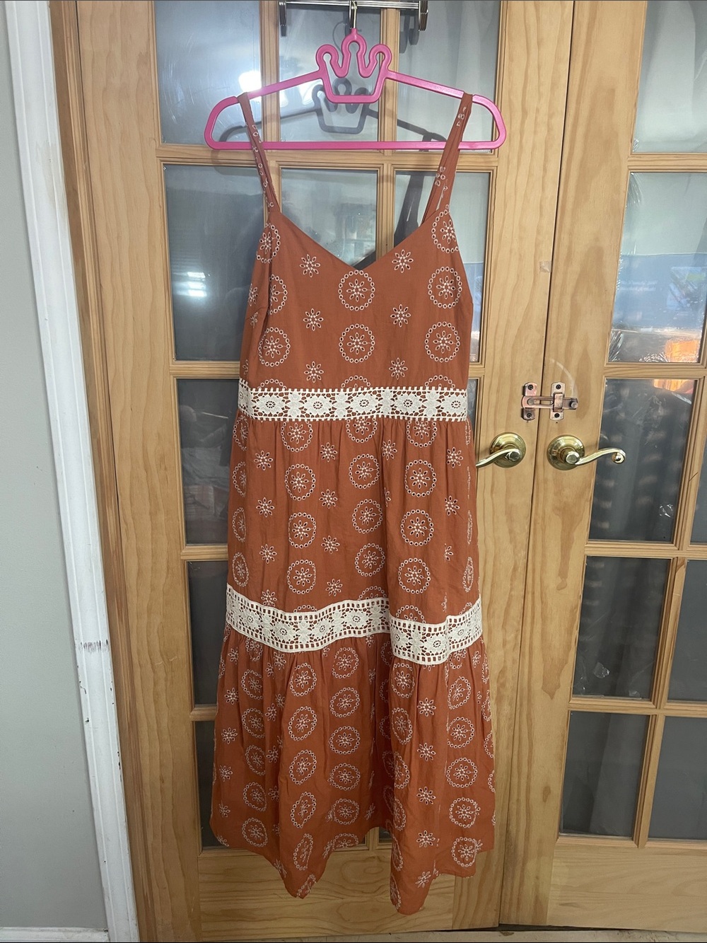 131. LC Lauren Conrad Rust Orange Maxi Dress with White Lace Trim